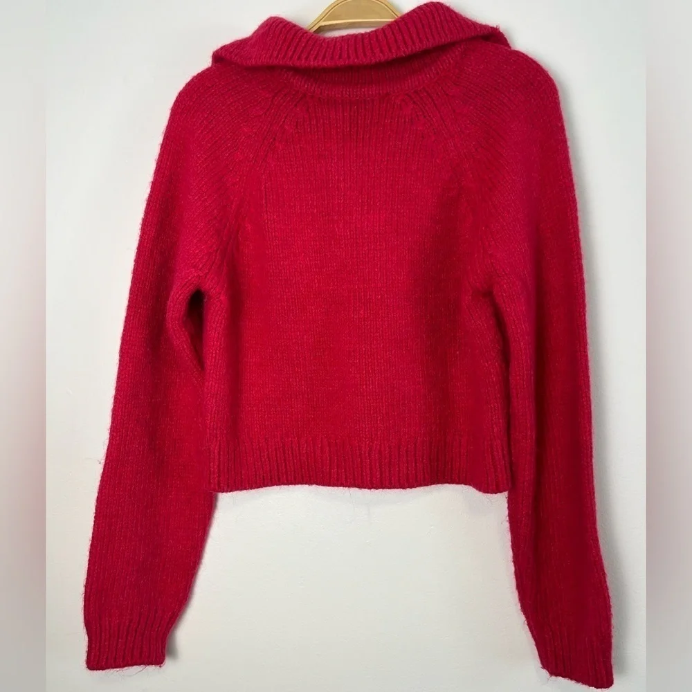 Zara Pink V-Neck Knit Cropped Sweater with Collar and Long Sleeves - Picture 5 of 6